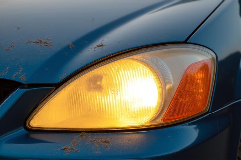 Lampu hadapan kereta yang kabur dan kuning sebelum dipulihkan